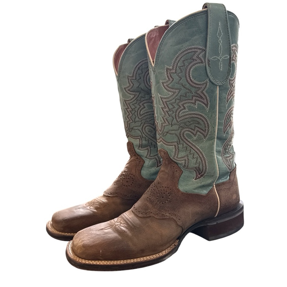 Dan Post Women’s Sand And Blue Square‎ Toe Cowboy Boots Size 6.5 Western Rodeo